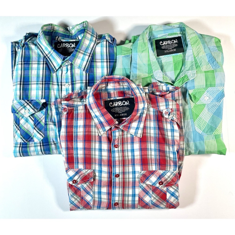 Carbon Men's XXLarge 2 XL LS Plaid Shirts Casual Button Up Cotton Lot Of 3